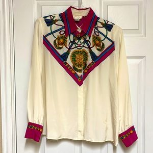 Vintage brocade print pink and white top